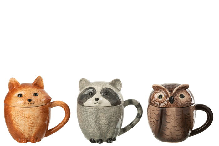 J-Line mok + deksel Dieren Dolomiet - keramiek - mix - 3 stu