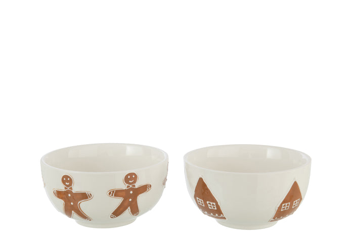J-Line schaal Cookie - keramiek - bruin|wit - 2 stuks
