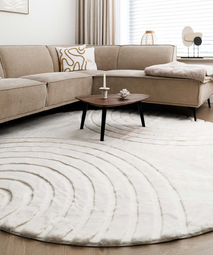 Tapeso Fluffy vloerkleed rond - Carvy crème - 230 cm