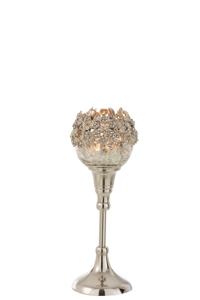 J-line - Theelichthouder Op Voet Juweel Metaal Zilver Small - 9x9x23cm