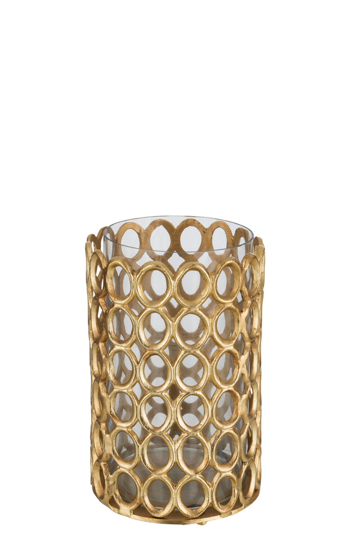 J-line - Theelichthouder Rond Ringen Aluminium Goud Large - 20x20x29cm