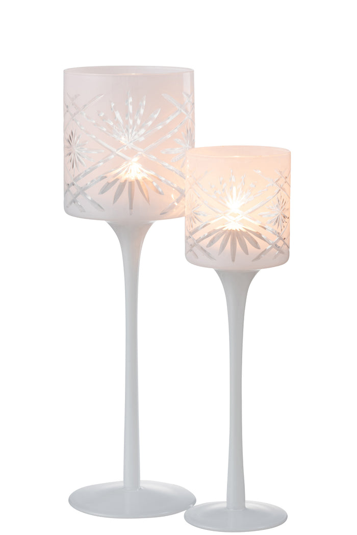 J-line - Theelichthouder Op Voet Santorini Glas Wit Large - 9x9x30cm