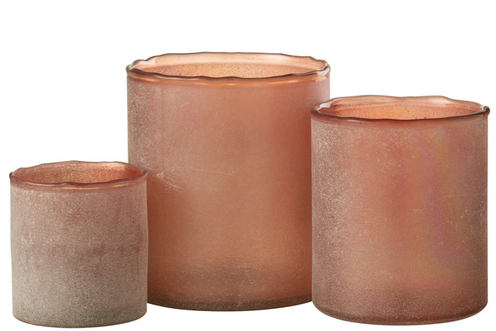 J-line - Set Van Drie Theelichthouder Ruby Glas Oranje - 13x13x15cm