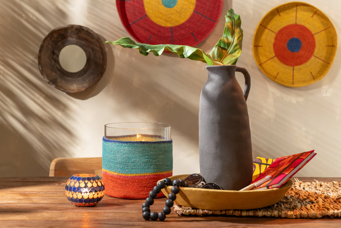 J-line - Theelichthouder Rond Glass|zeegras Blauw|oranje - 20x20x20cm