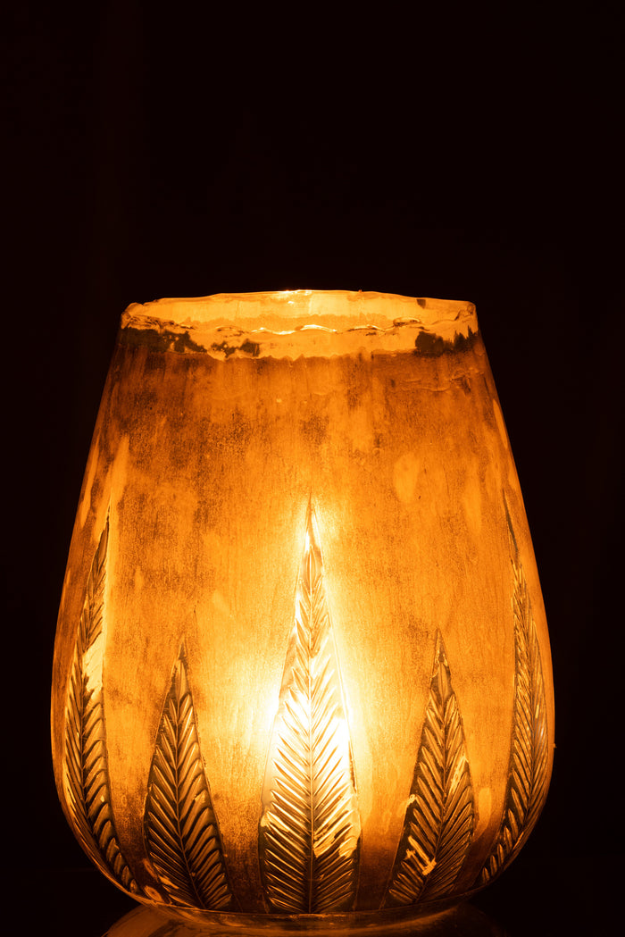 J-line - Theelichthouder Blad Rond Glas Zilver Large - 25x25x31cm