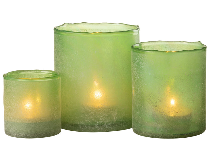 J-line - Set Van Drie Theelichthouder Ruby Glas Groen - 13x13x15cm