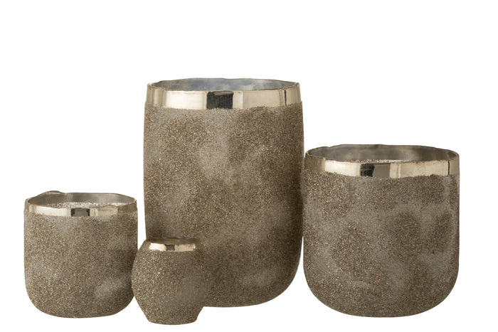 J-line - Theelichthouder Frosty Rond Glas Zilver XL - 19.5x19.5x25.5cm