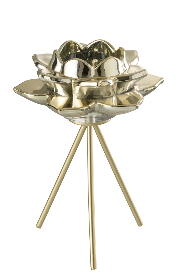 J-line - Theelichthouder Voet Bloem Glas Goud Large - 14.5x14.5x21cm