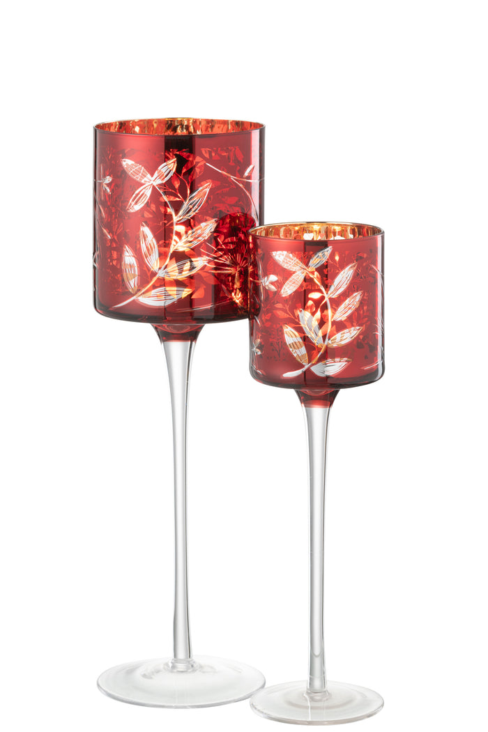 J-line - Theelichthouder Blaadjes Glas Rood| Goud Large - 9x9x30cm