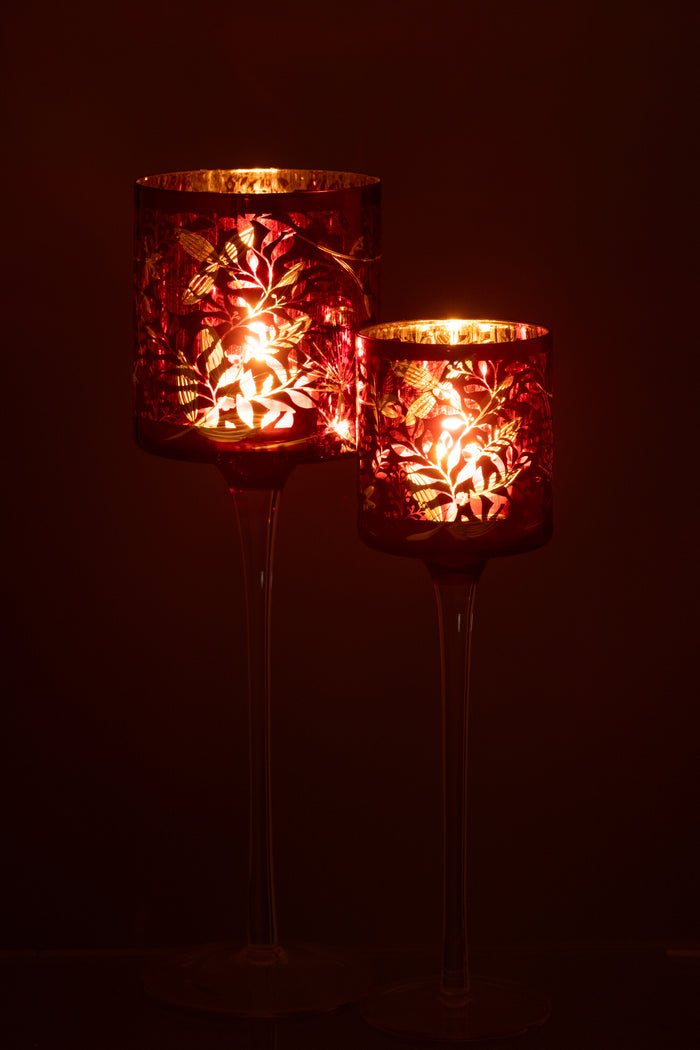 J-line - Theelichthouder Blaadjes Glas Rood| Goud Large - 9x9x30cm