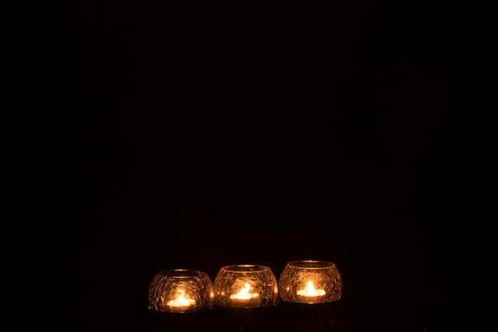 J-line - Theelichthouder 3 Bol Craquele Glas| Zwart - 27x9x7.5cm