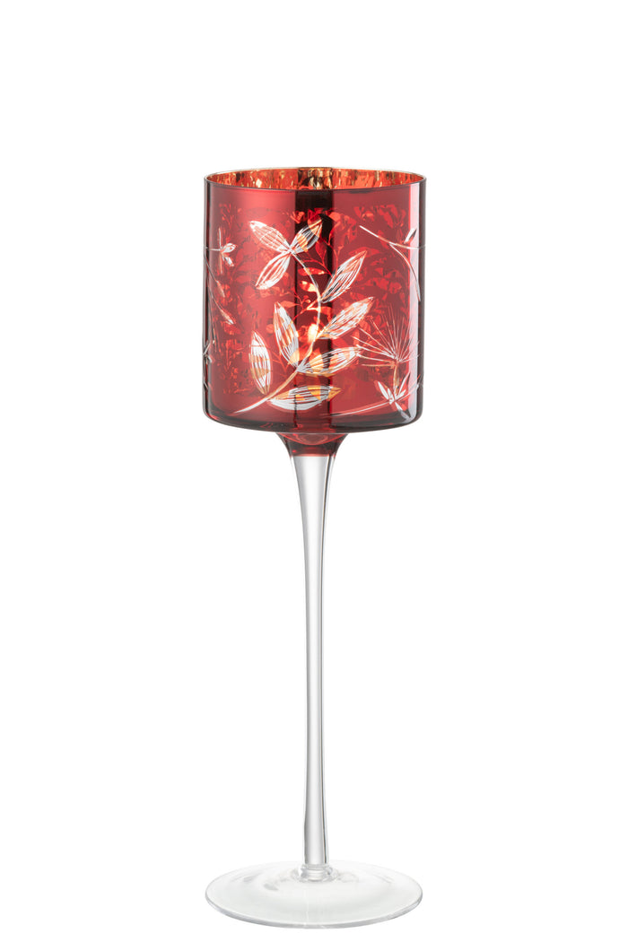 J-line - Theelichthouder Blaadjes Glas Rood| Goud Large - 9x9x30cm