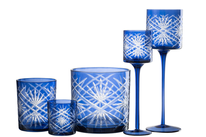 J-line - Theelichthouder Op Voet Santorini Glas Blauw Large - 9x9x30cm