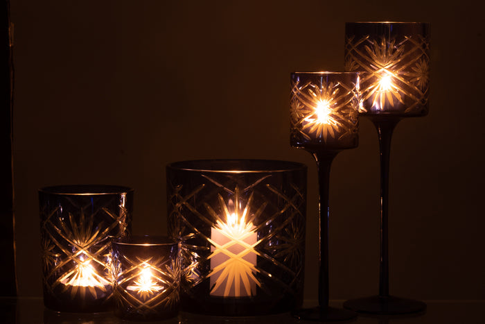 J-line - Theelichthouder Op Voet Santorini Glas Blauw Large - 9x9x30cm