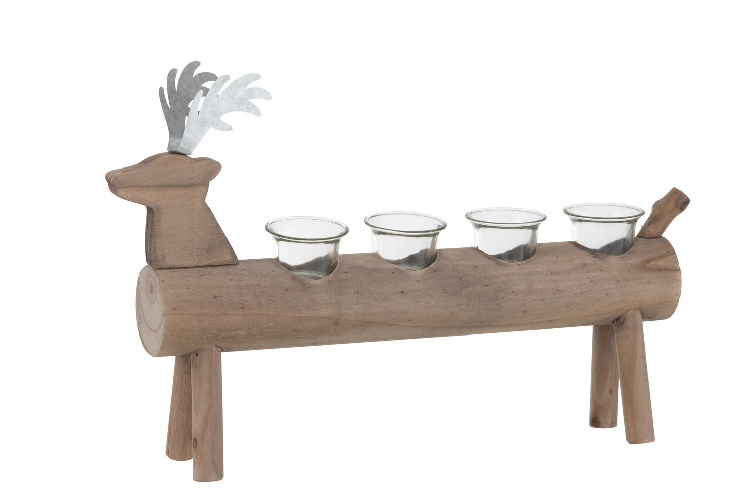 J-line - T-lichthouder Hert 4 Houders Hout Bruin - 47x11x29.5cm