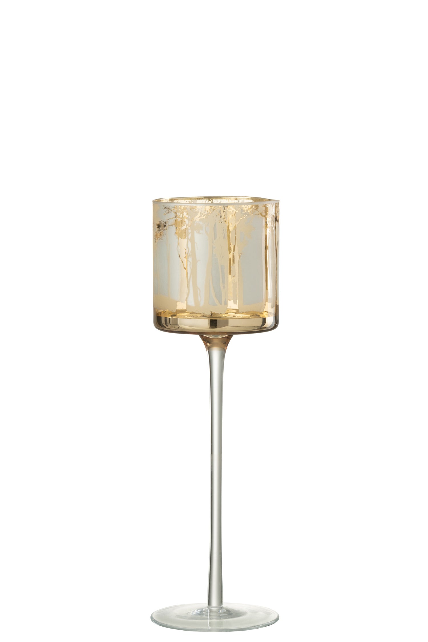 J-line - Theelicht Houder Op Voet Bomen Glas Goud Large - 9x9x30cm