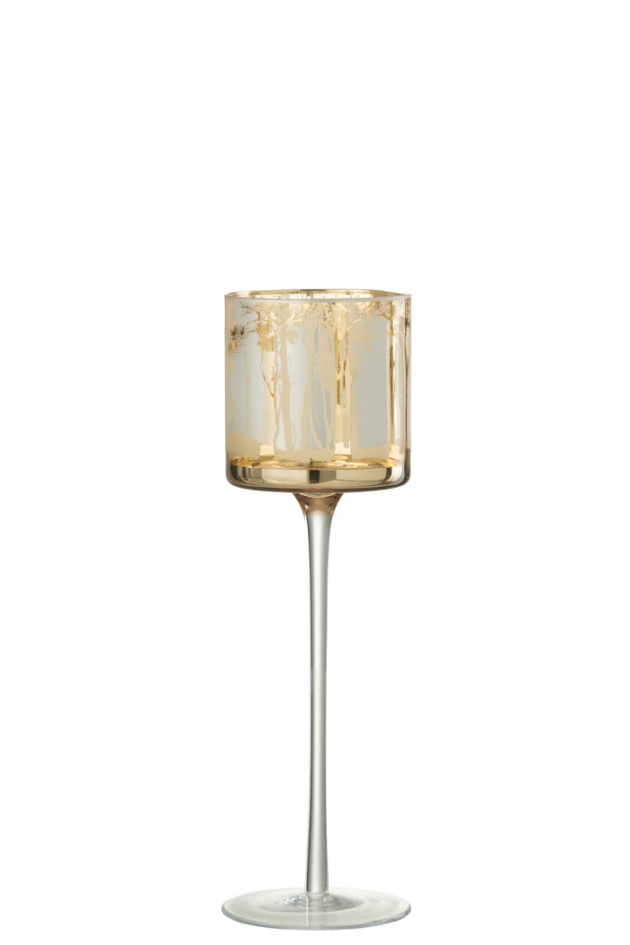 J-line - Theelicht Houder Op Voet Bomen Glas Goud Large - 9x9x30cm