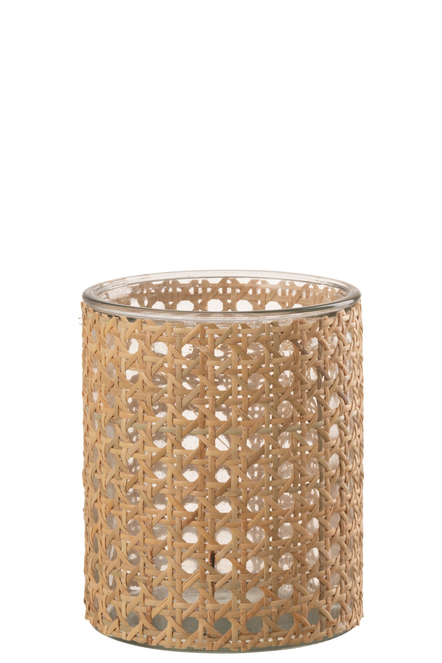 J-line - Theelichthouder Rotan Glas Transparent Large - 12.5x12.5x15cm