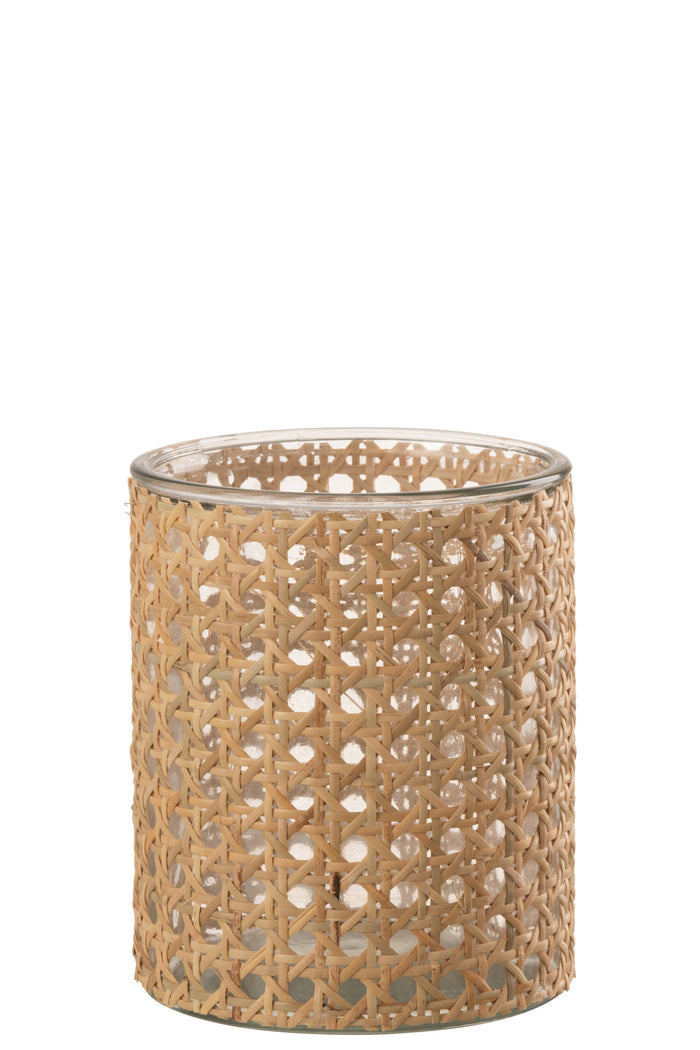 J-line - Theelichthouder Rotan Glas Transparent Large - 12.5x12.5x15cm