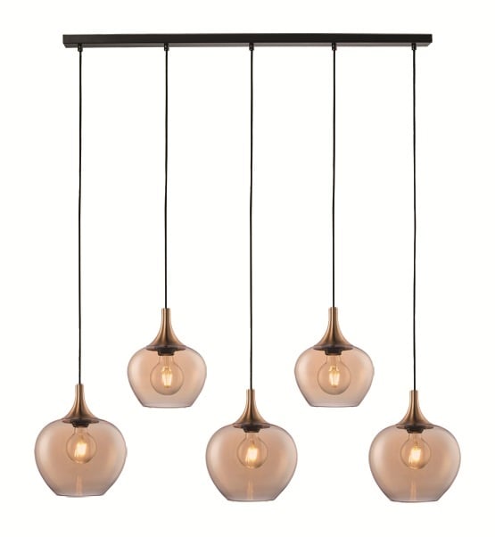 Freelight Hanglamp Fresu Amber Glas Ø 19 & 24cm  5 Lichts Balk