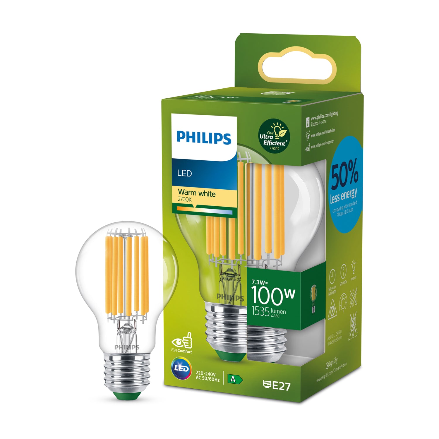 Philips Ultra Efficient LED lamp Transparant - 100 W - E27 - Warmwit licht