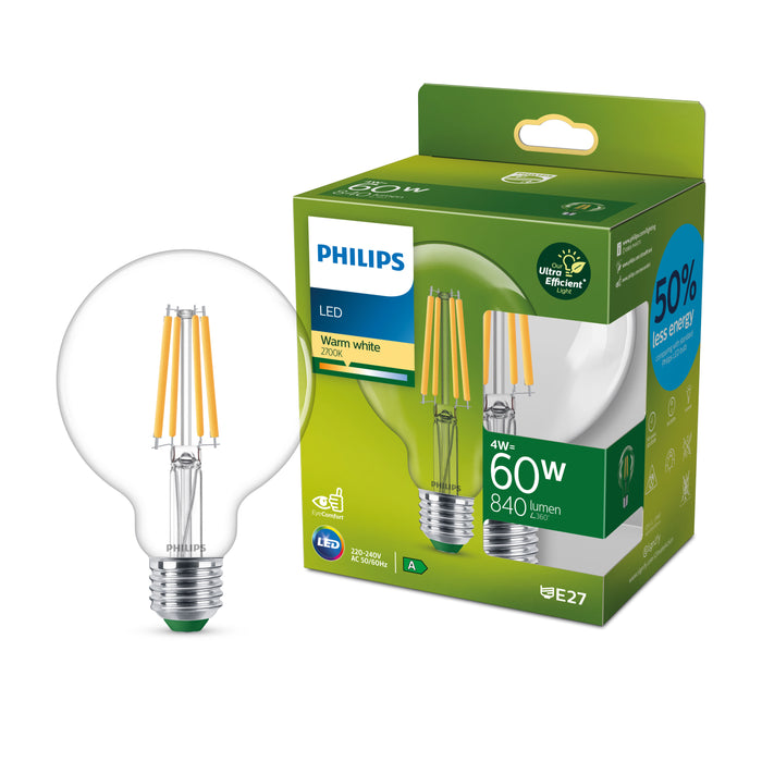 Philips Ultra Efficient LED lamp Globe Transparant - 60 W - E27 - Warmwit licht
