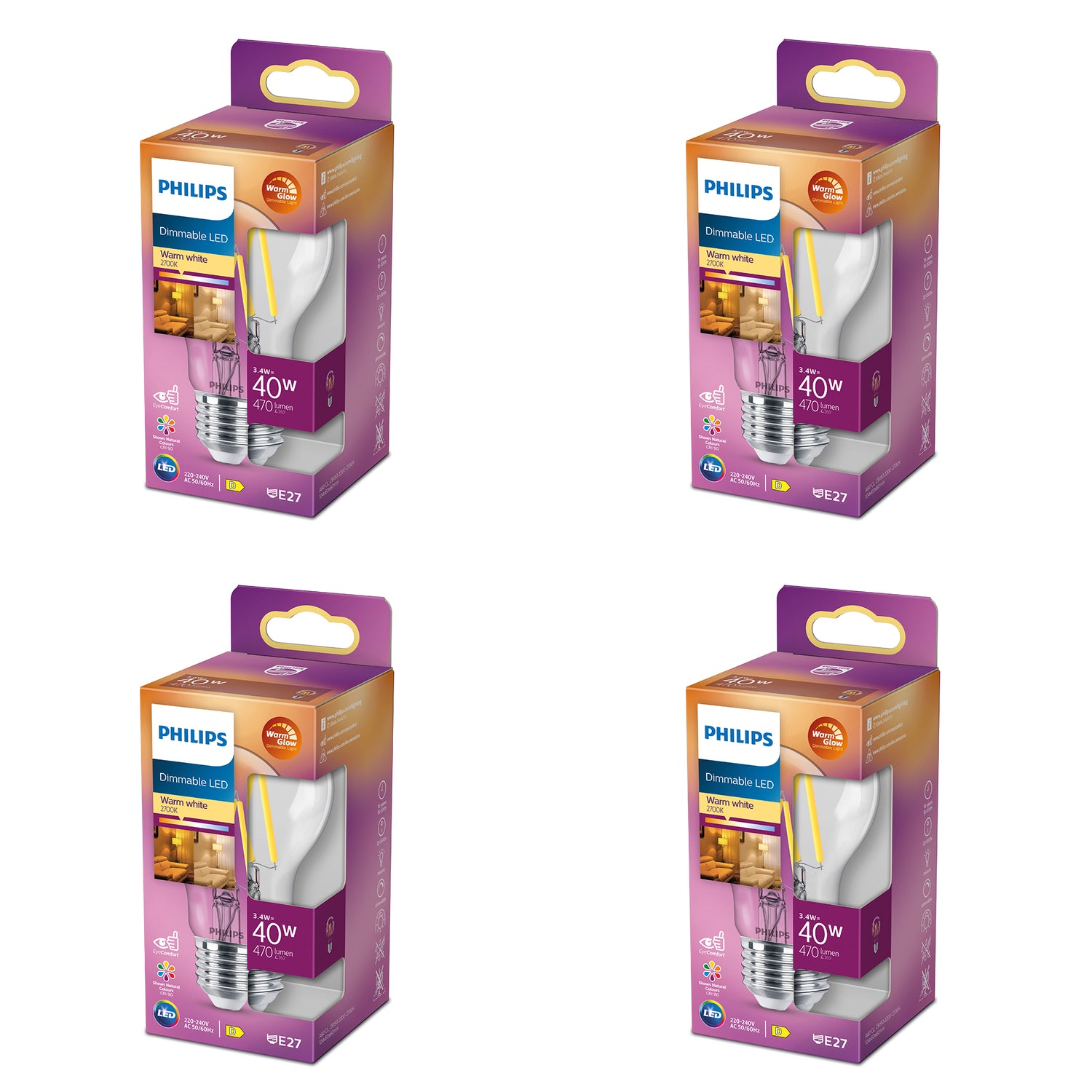 Philips Voordeelverpakking E27 - WarmGlow - Set van 4 Stuks