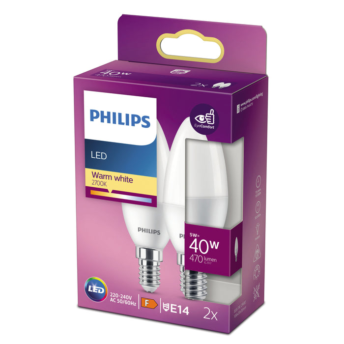 Energiezuinige Philips LED Kaars Mat - 40 - W E14 - warmwit licht - 2 stuks - Bespaar op energiekosten