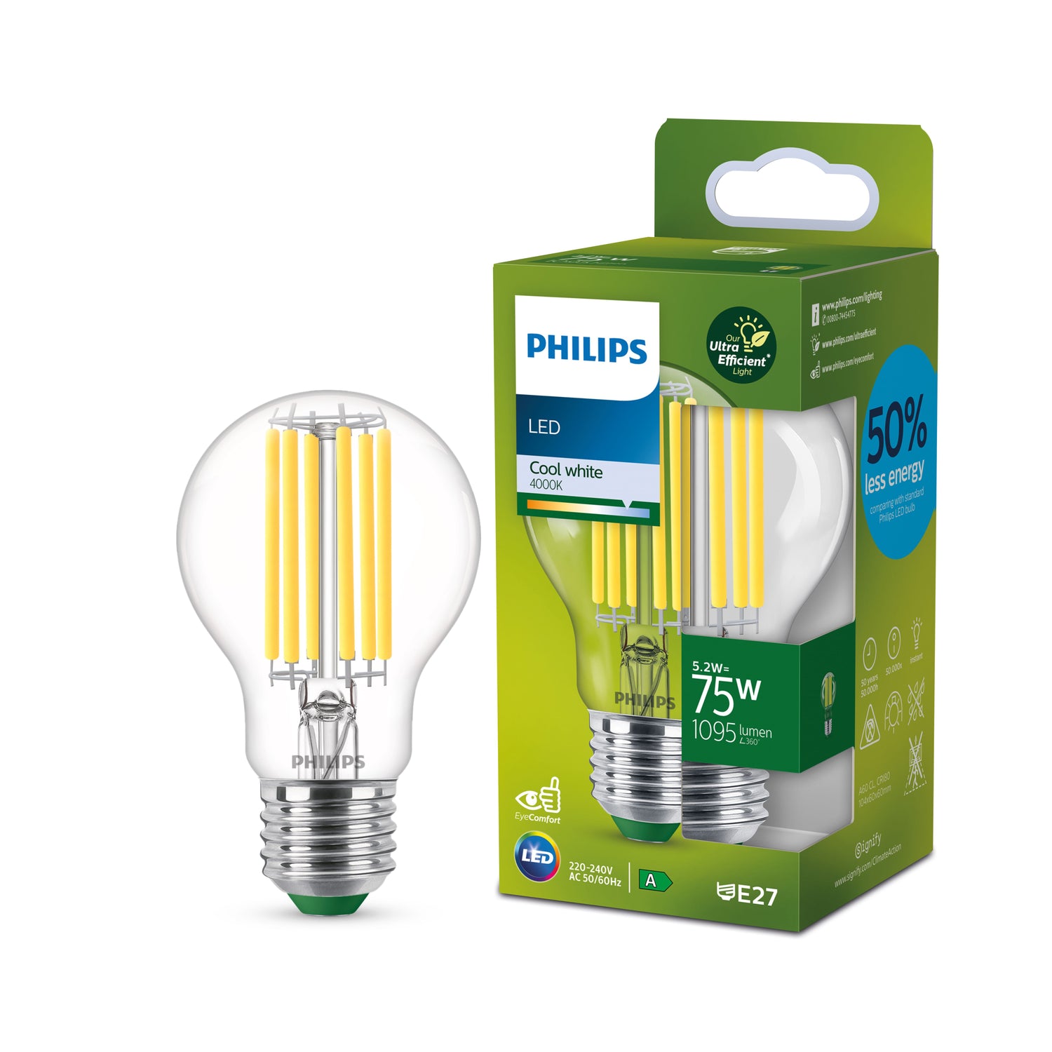 Philips Ultra Efficient LED lamp Transparant - 75 W - E27 - Koelwit licht