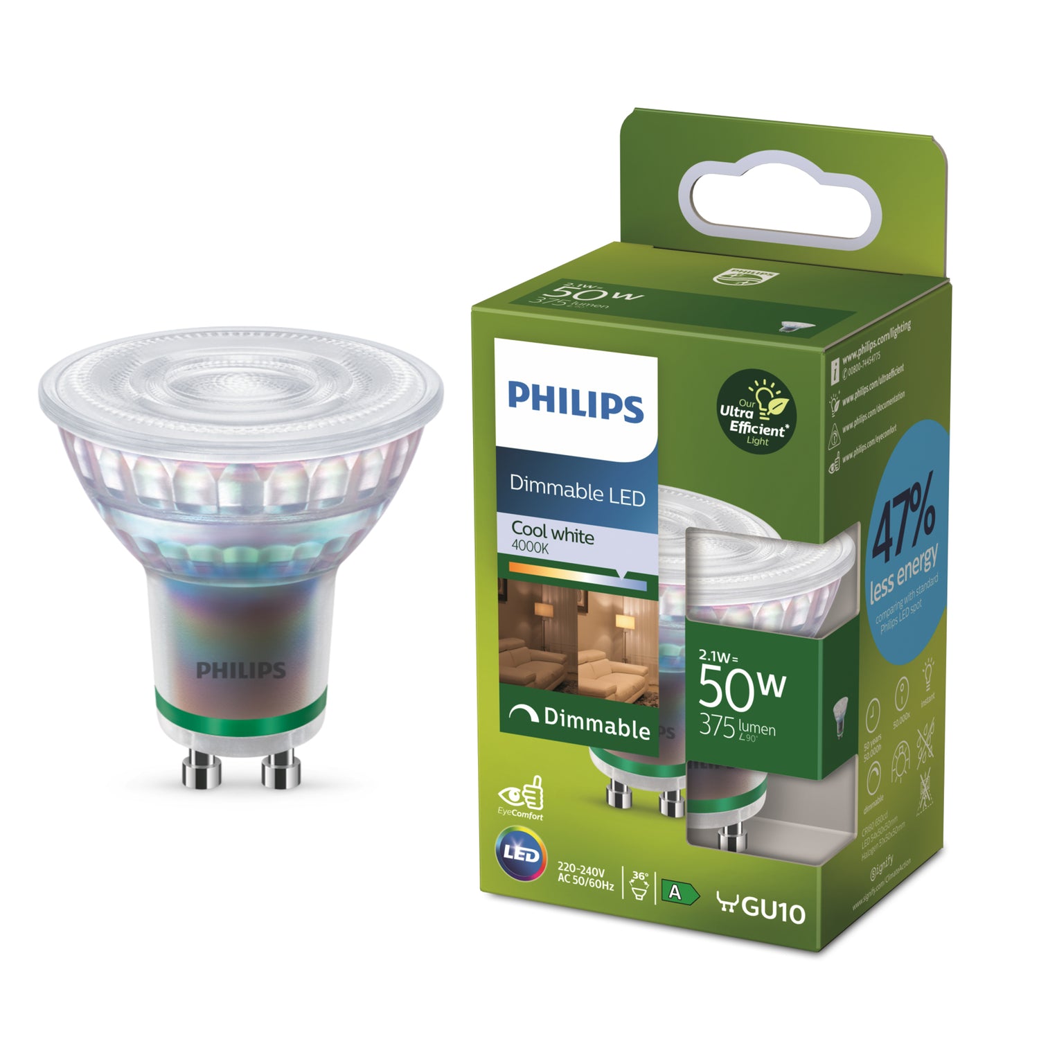 Philips Ultra Efficient LED spot - 50W - GU10 fitting - Koelwit licht - Dimbaar