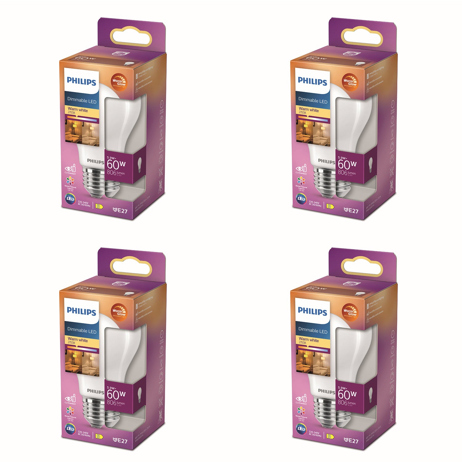 Philips Voordeelverpakking E27 - WarmGlow LED Lampen - Set van 4 Stuks
