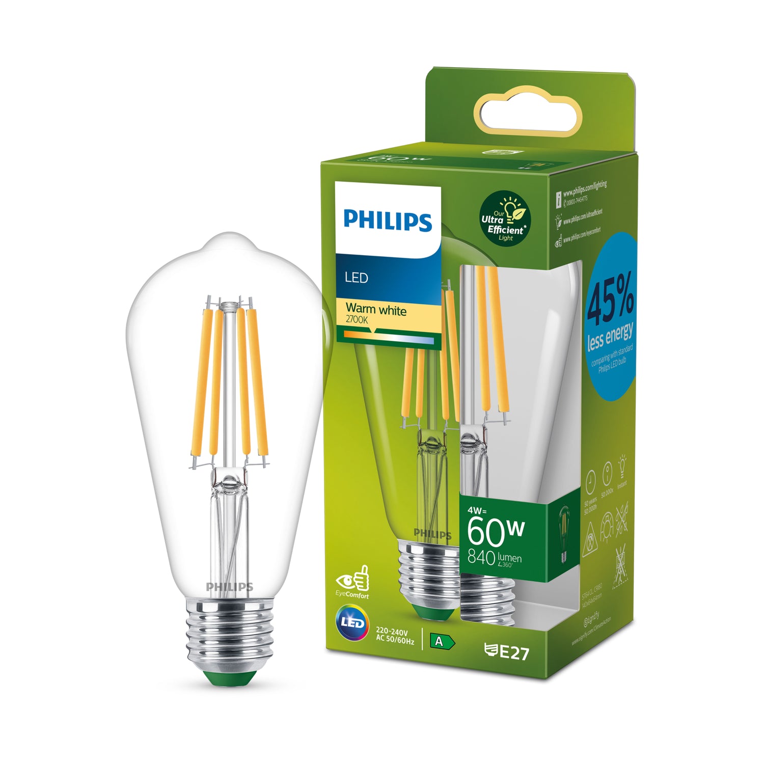 Philips Ultra Efficient LED lamp Edison Transparant - 60 W - E27 - Warmwit licht