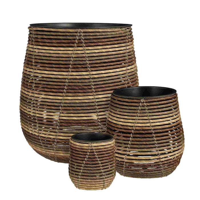 Mica Decorations Bloempot Cancun - 47x47x50 cm - Gerecycled Plastic - Bruin- Set van 3