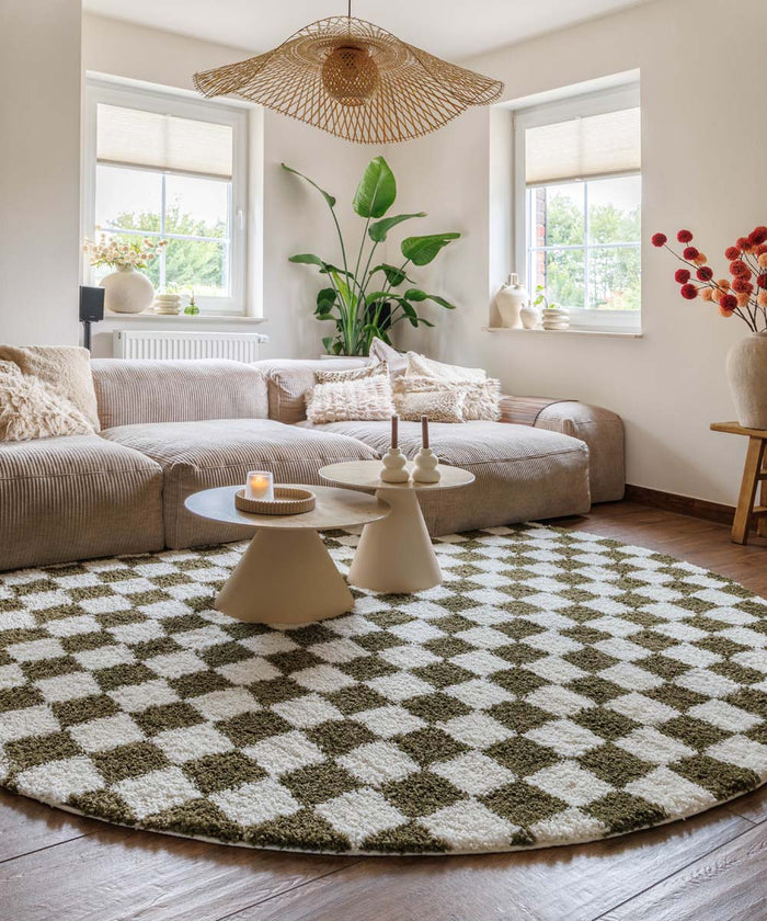 Boho&me Rond checkerboard vloerkleed - Check ivoor|olijfgroen - 250 cm