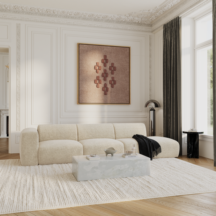 Linker 5-zitsbank in crèmekleurig fluweel met patroon, 310 cm