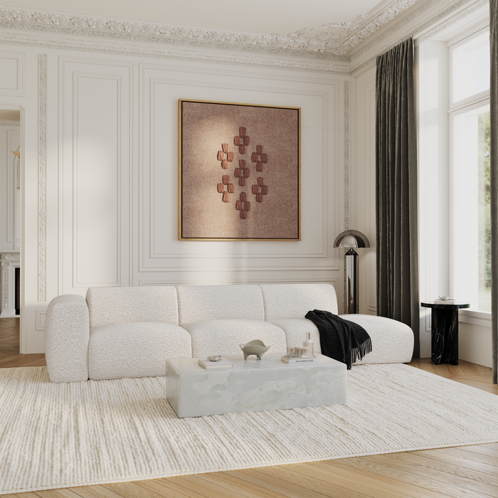 Linker 5-zitsbank, crèmekleurige boucléstof, 310 cm