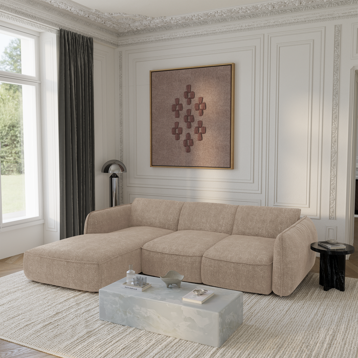 Hoekbank met slaapfunctie links, 4 zitplaatsen, beige geweven fluweel