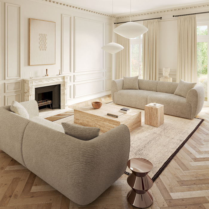 Vierzitsbank in beige, gestructureerd fluweel.