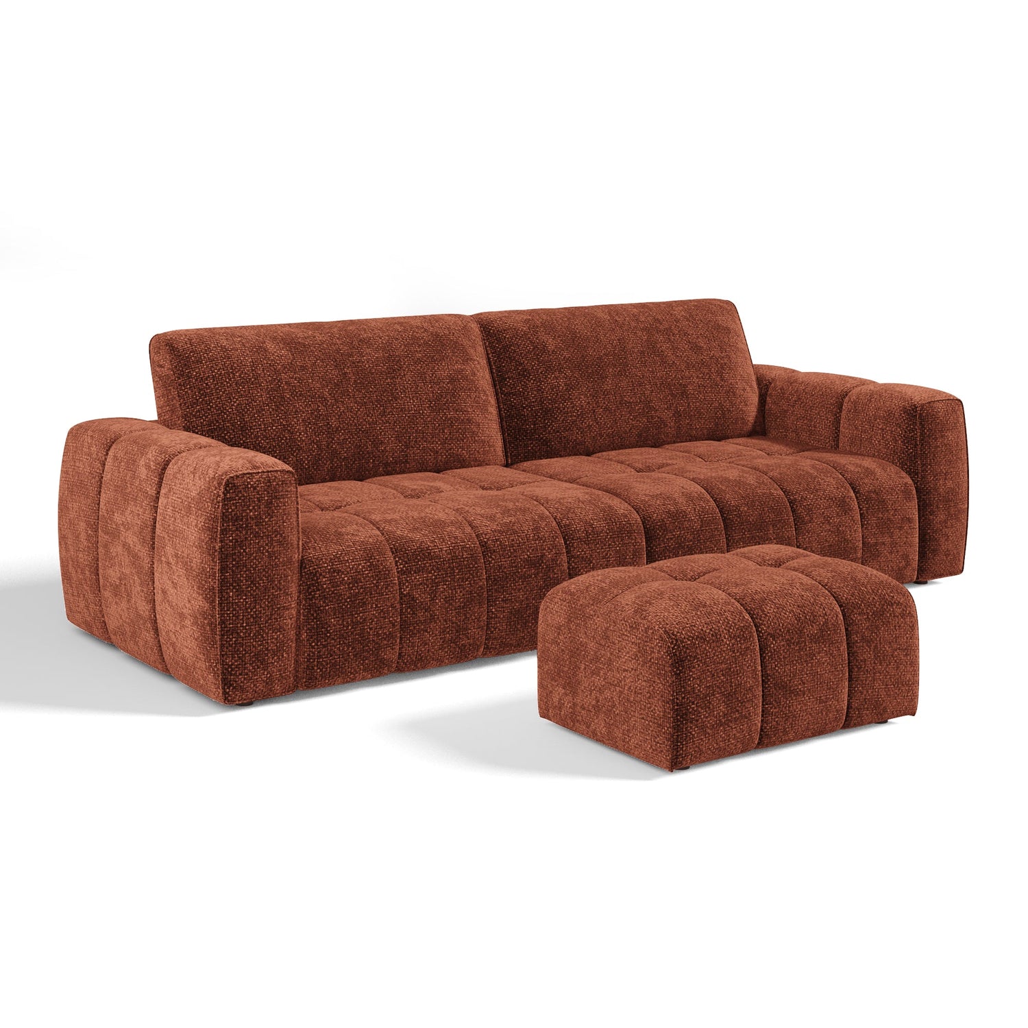 4-zits sofa en poef in terracotta chenille fluweel