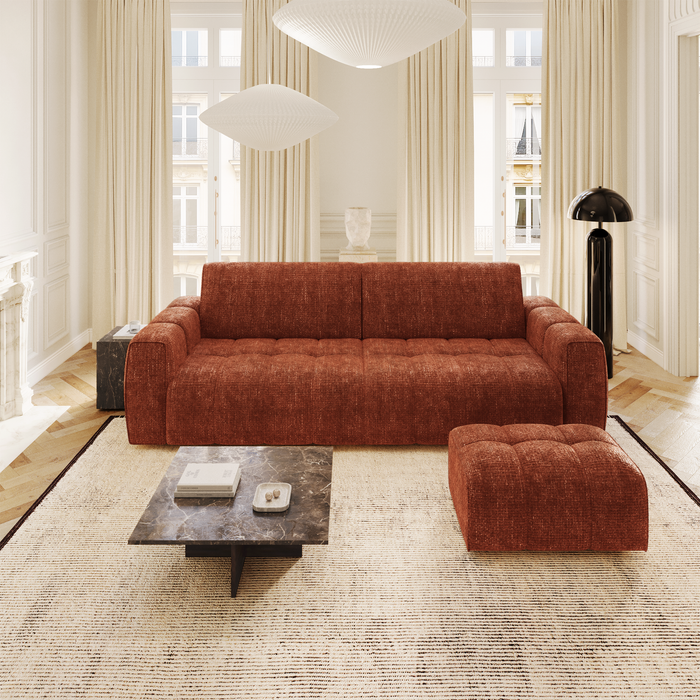 4-zits sofa en poef in terracotta chenille fluweel