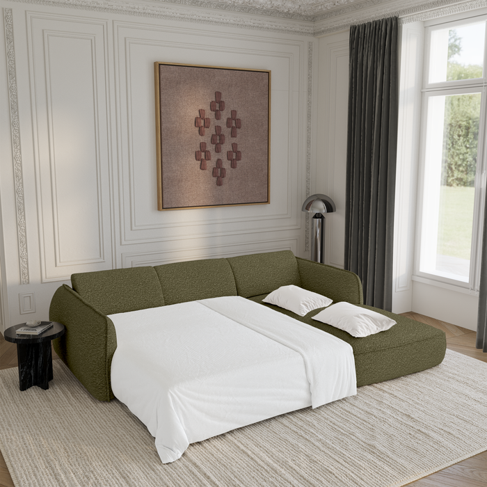 4-zits rechter hoekbank in olijfgroene bouclette stof