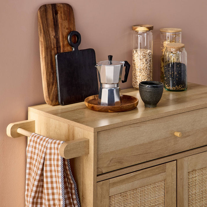 sweeek - Keukentrolley met houten decor en rotan, 1 handgreep, 1 lade,