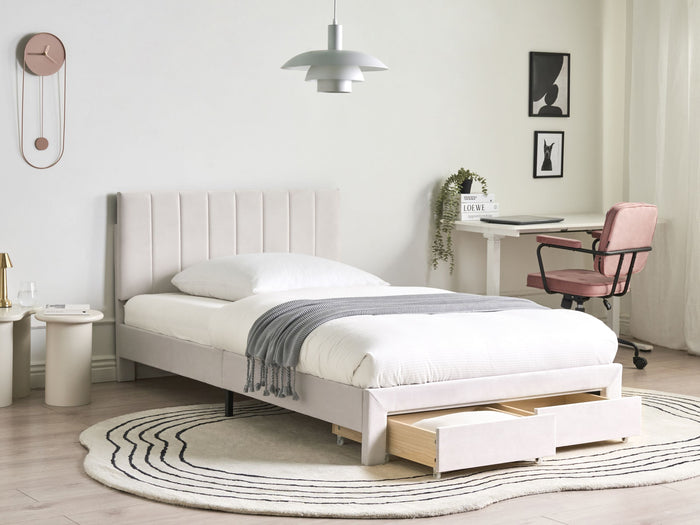 Beliani-LONZAC-Bed met opbergruimte-Gebroken wit-120 x 200 cm-Fluweel