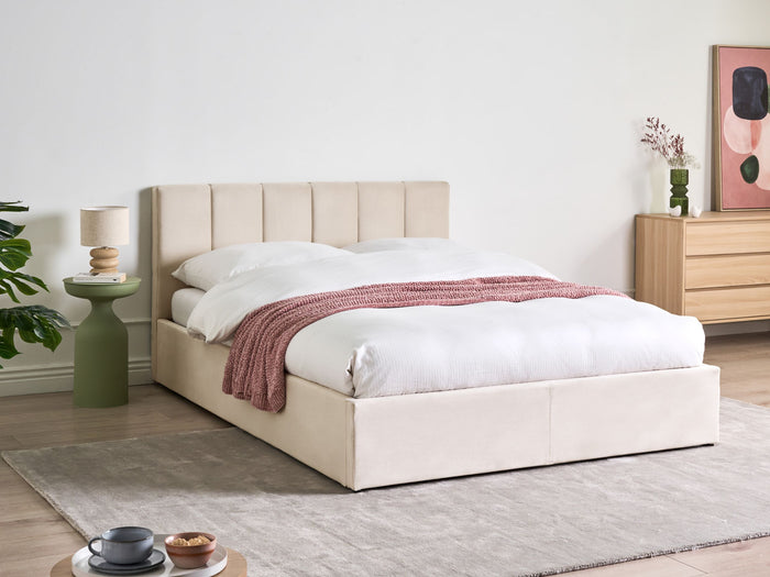Beliani-DREUX-Bed met opbergruimte-Lichtbeige-140 x 200 cm-Fluweel