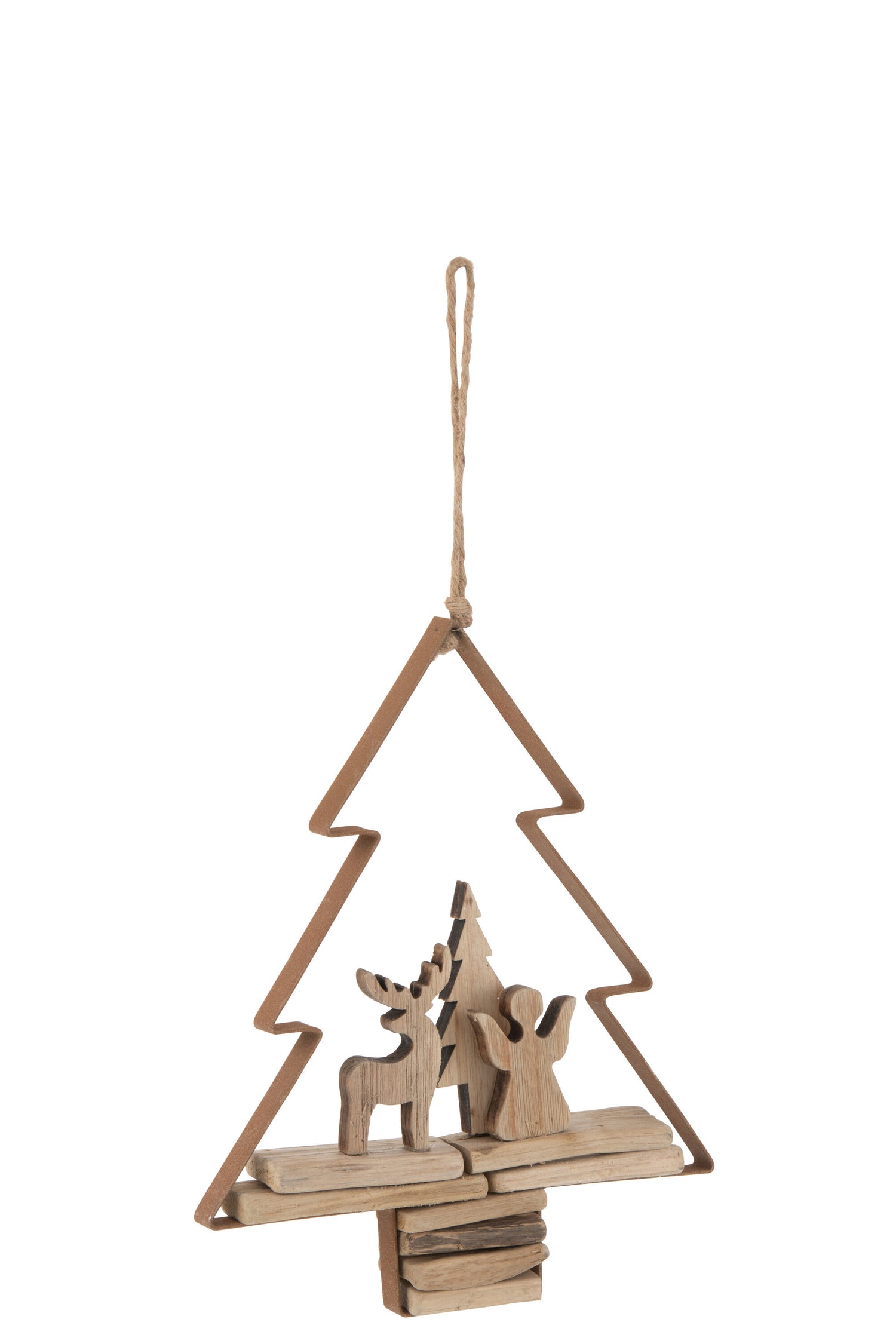 J-Line kersthanger Kerstboom + Figuren - hout|metaal - bruin