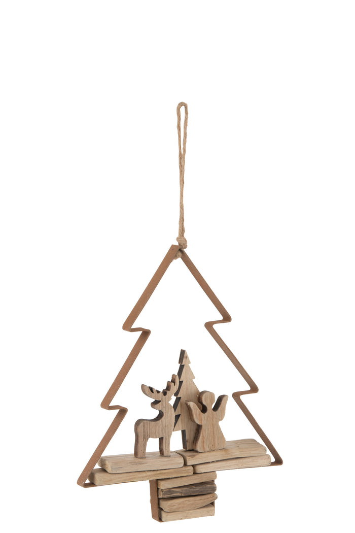 J-Line kersthanger Kerstboom + Figuren - hout|metaal - bruin