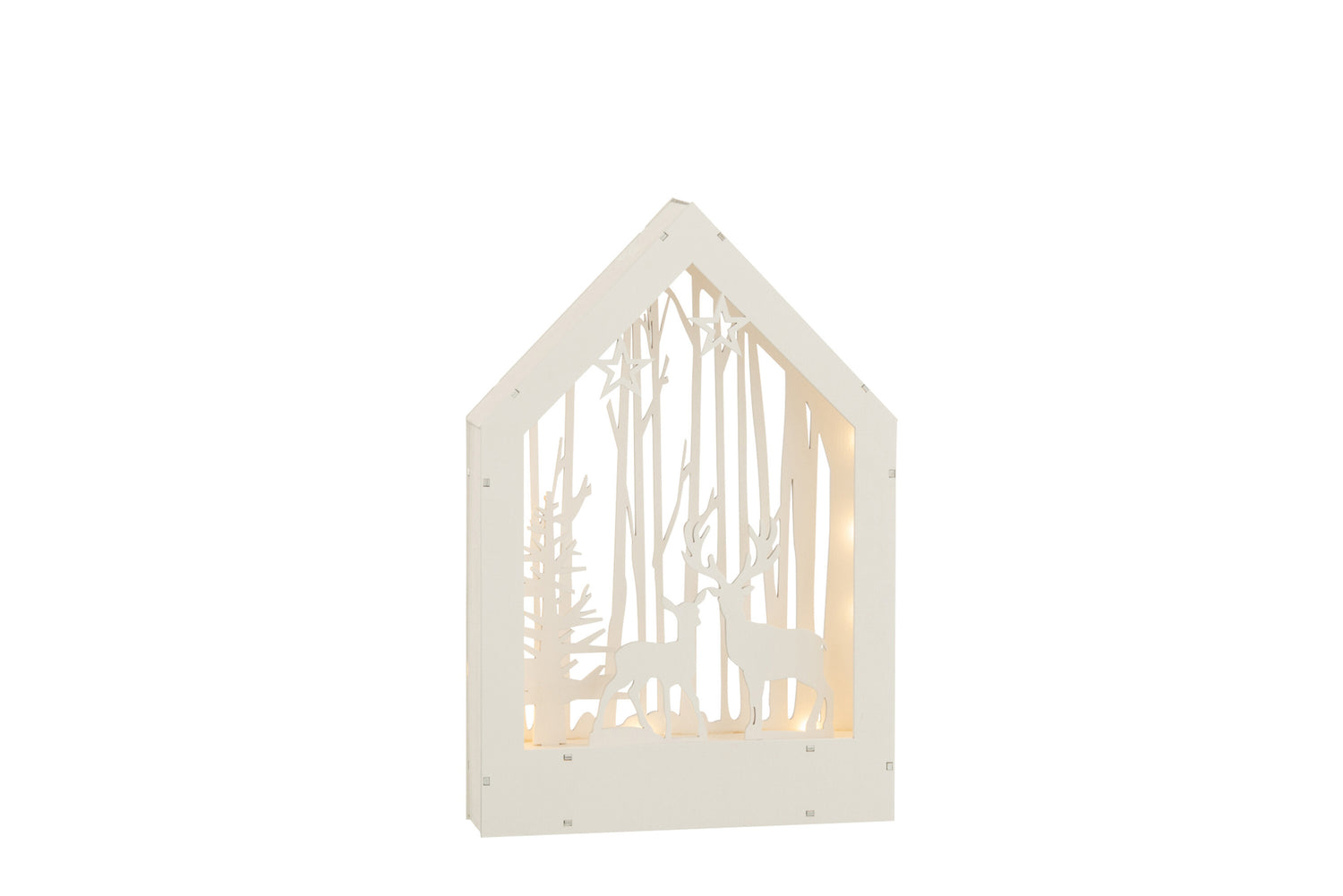 J-Line decoratie Winter Herten + Bomen - hout - wit - LED lichtjes