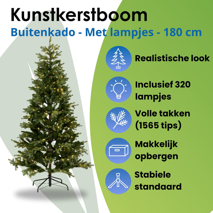 Buitenkado Kunstkerstboom met lampjes – Groen – 180 cm – Standaard