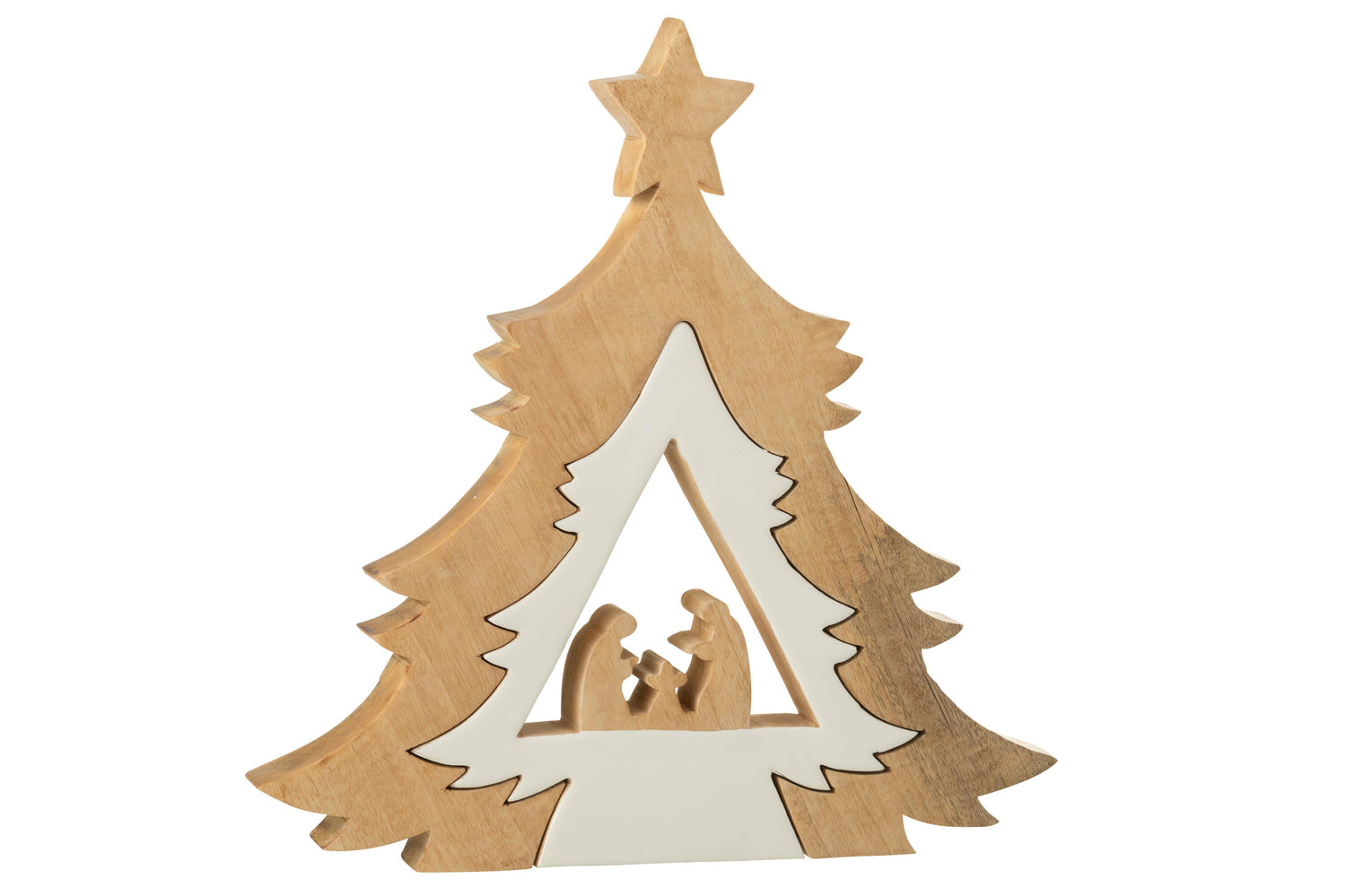 J-Line decoratie Kerststal In Boom + Ster - hout - wit|natur