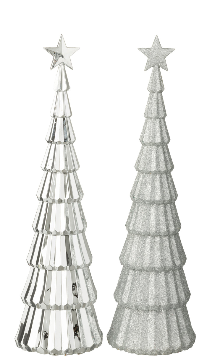 J-Line decoratie Kerstboom - kunststof - zilver - 2 stuks